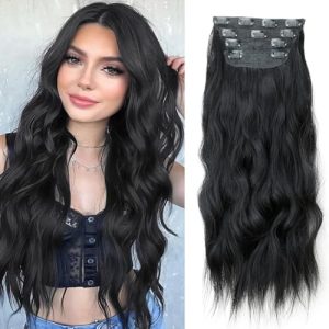Natural Black Hair Extensions for Women | 20 Inch Long Wavy Clip Ins | 4PCS Synthetic Extensions for Daily & Party Use |