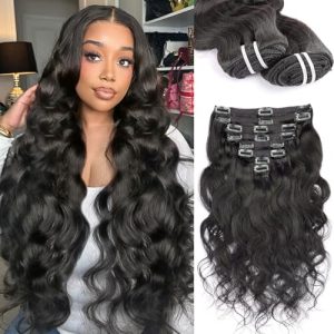 Clip in Hair Extensions - 100% Real Human Hair - 95 Gram Body Wave - 18 Inch - 8Pcs Natural Black - Easy to Wear & Style