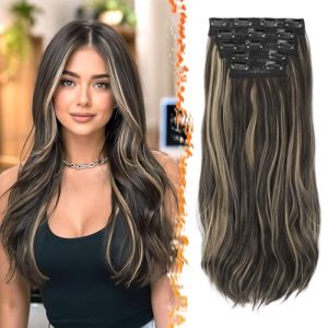 BARSDAR Black and Blonde Hair Extensions - 20 Inch Soft Wavy Clip-In Extensions for Women - 5 PCS Voluminous Lace Weft w
